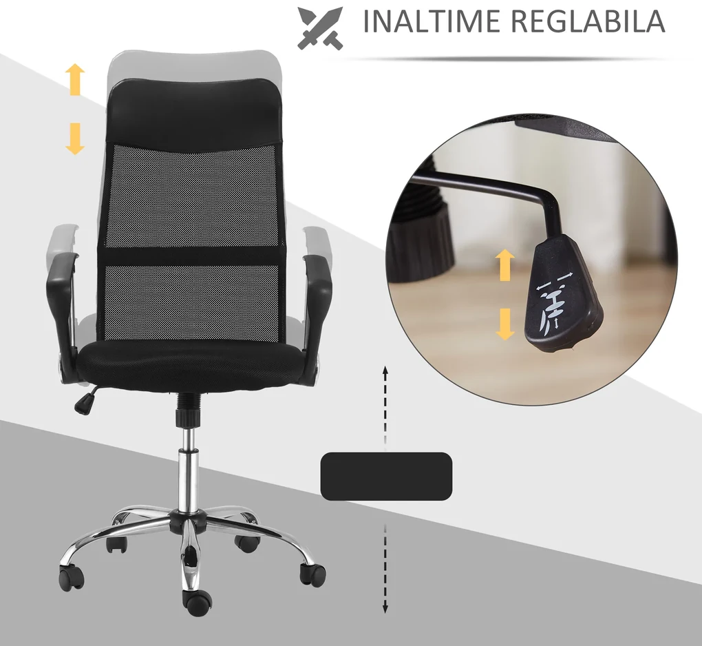 Scaun ergonomic de birou, insertie plasa, negru HOMCOM | Aosom Romania