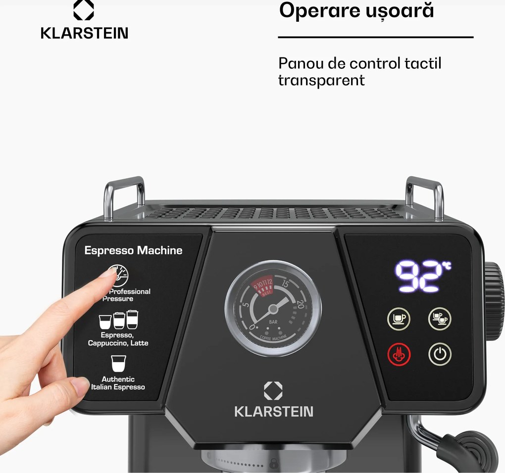 Klarstein Libeica aparat de cafea| 1350 W, 19 bar, control tactil, oțel inoxidabil, Indicator de presiune și temperatură