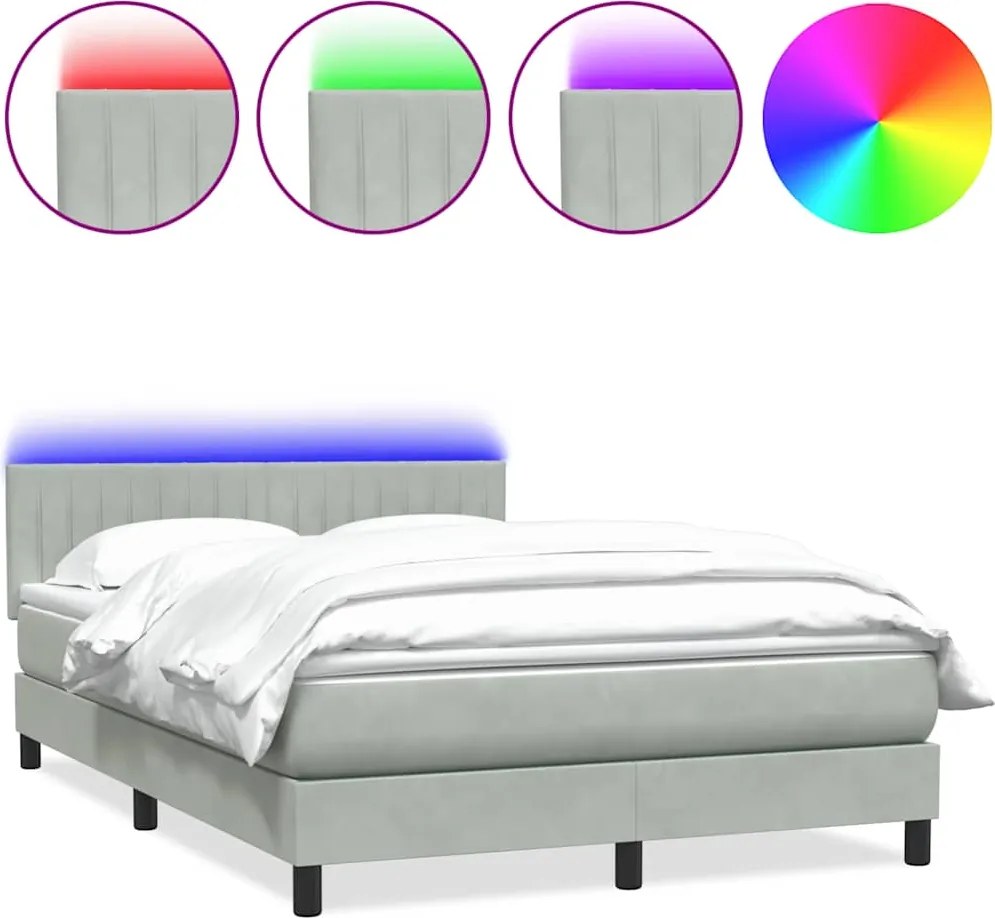 vidaXL Pat cu arcuri cu saltea și LED, gri deschis, 160x210 cm, catifea