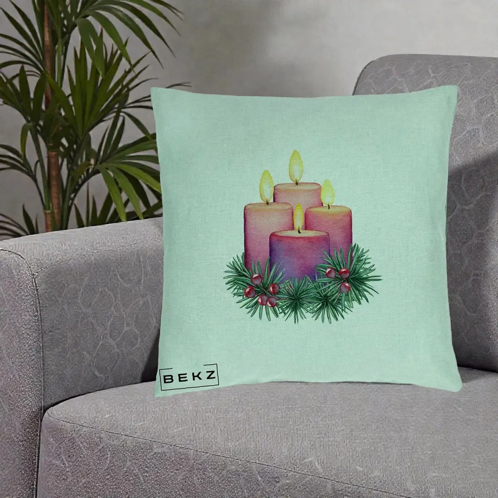 Perna Decorativa Lumanari Advent Roz-Violet, 40x40 cm, Verde Menta, Husa Detasabila, Perna Inclusa, BEKZ®
