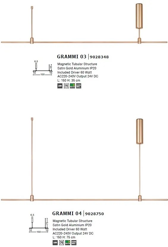 Sistem tubular magnetic-decorativ GRAMMI 03 H-75cm, auriu satinat