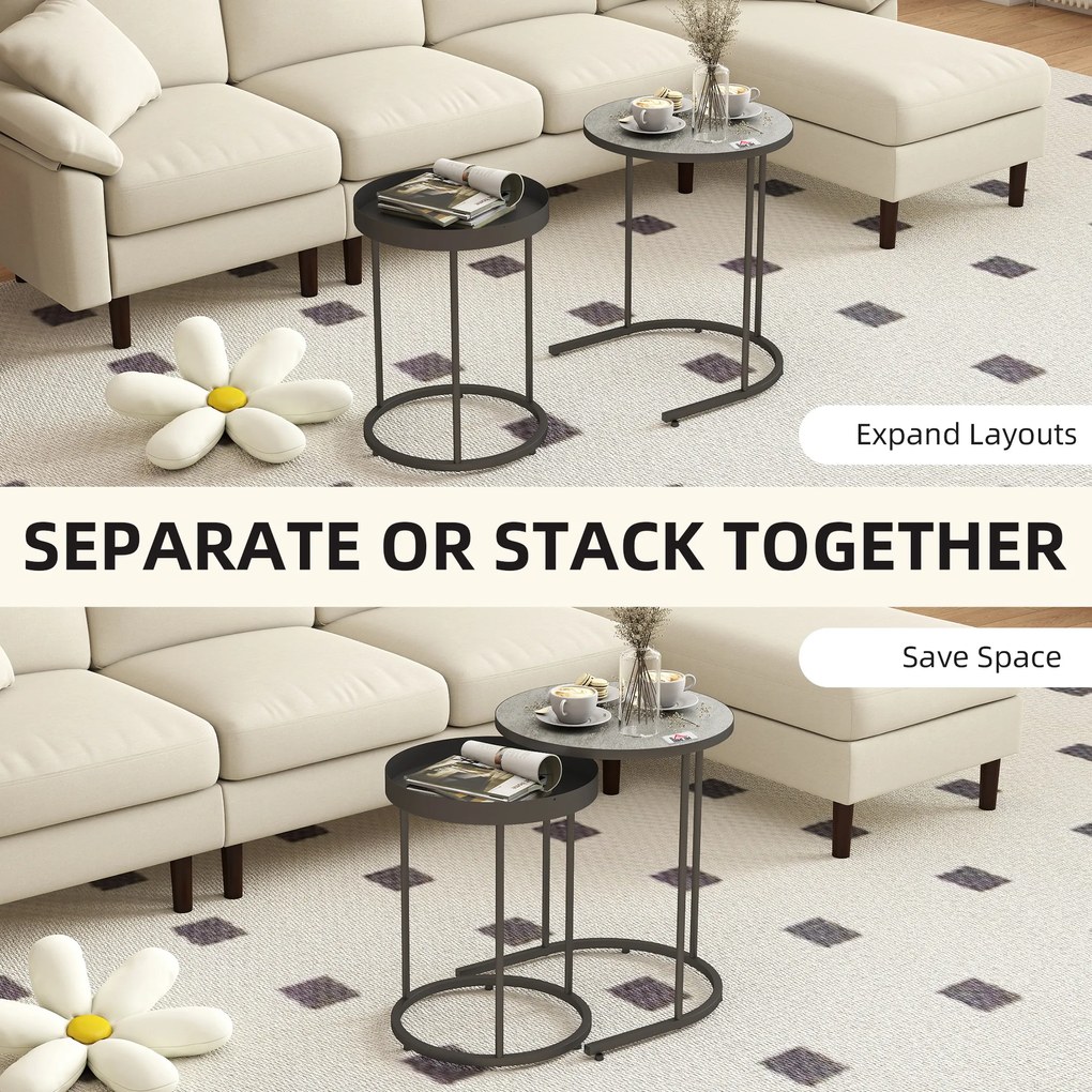 HOMCOM Set de 2 Măsuțe de Cafea în Stil Industrial, din Lemn și Metal, Ø42x54 cm și Ø36.5x48.5 cm, Gri și Negru | Aosom Romania