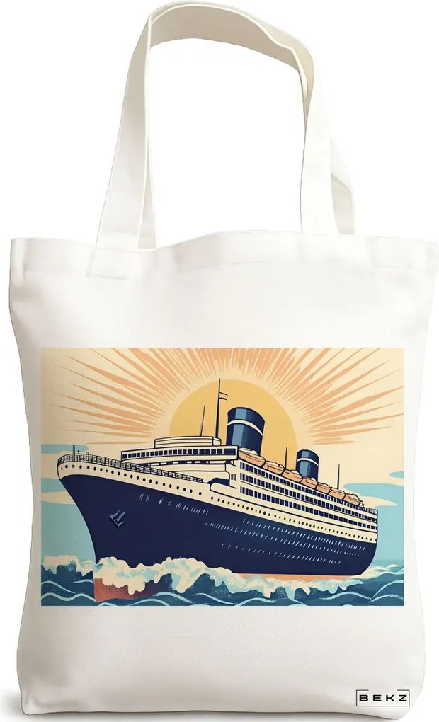 Sacosa de Panza pentru Cumparaturi, Geanta Tote, model Sunrise Cruise 38 x 34.5 cm, Alba, BEKZ®