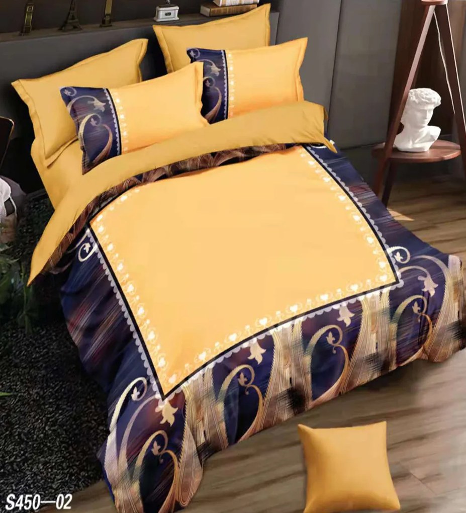 Lenjerie de pat din catifea, pat 2 persoane, 6 piese, galben / bleumarin, S450-02