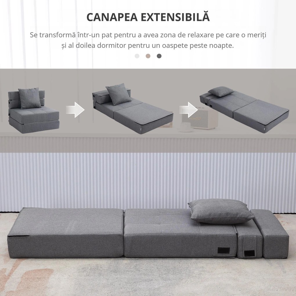 HOMCOM Fotoliu Pliabil Convertibil în Pat Single cu Pernă Inclusă, 70x70x61 cm, Gri | Aosom Romania