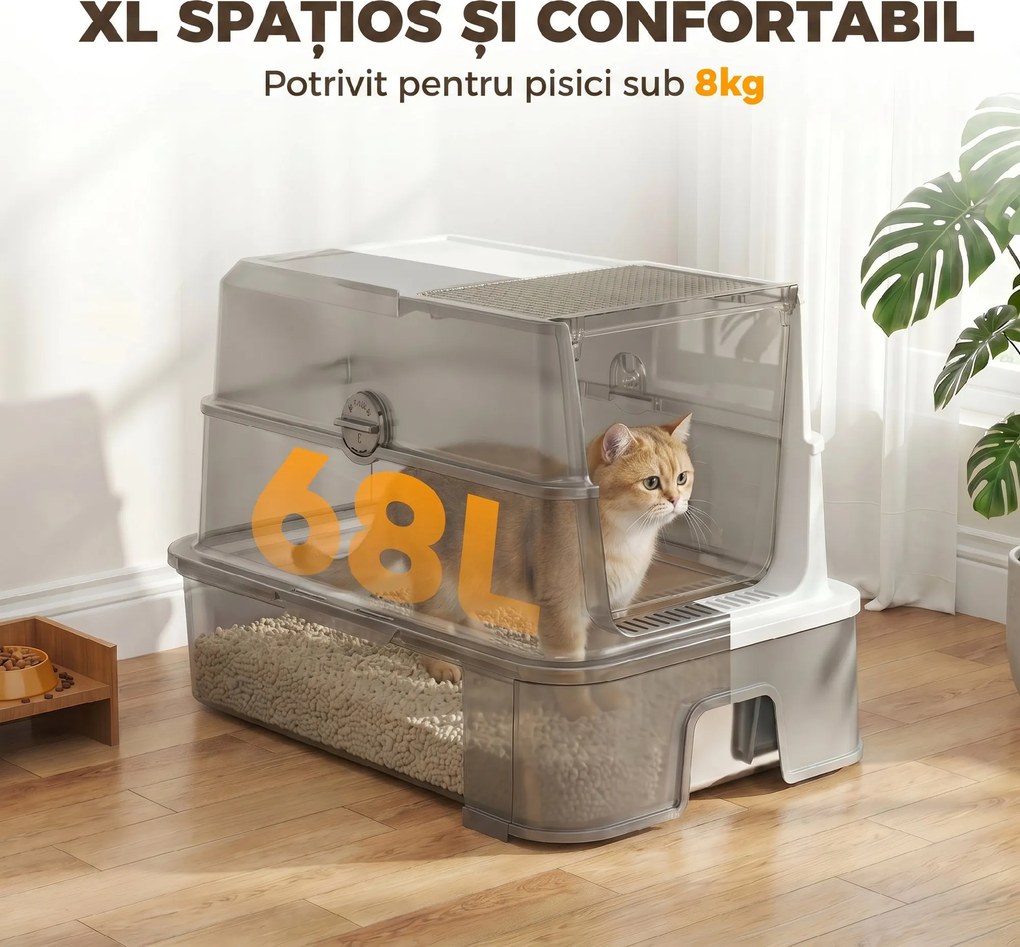 PawHut Litieră Acoperită 3 în 1 pentru Pisici, 68 L, cu Capac, Tavă Detașabilă din Oțel Inoxidabil, Lopățică, Alb și Gri | Aosom Romania