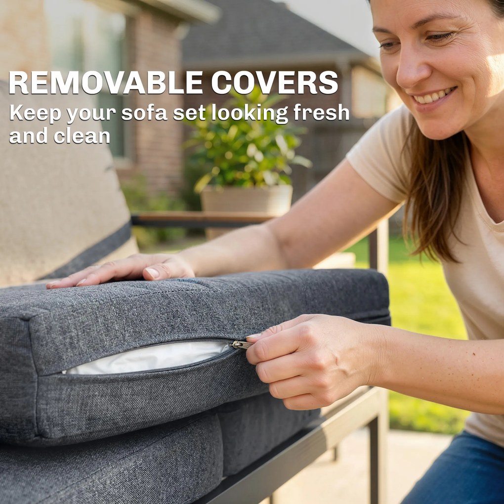 Outsunny Set Mobilier de Grădină Exterior 3 Piese 5 Persoane, 2 Canapele cu Perne Groase, 1 Masă de Cafea, 183x183x72cm, Gri Închis | Aosom Romania