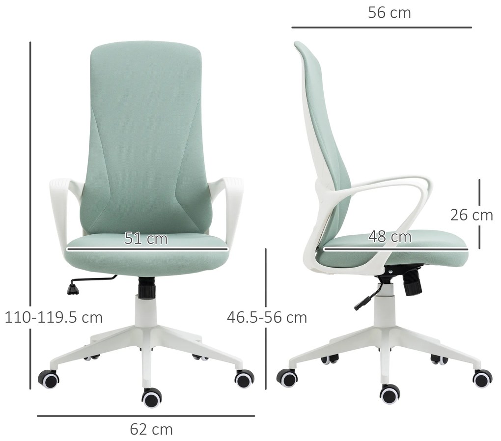 Vinsetto Scaun de birou ergonomic, cu înălțime ajustabilă și balans, 62x56x110-119,5 cm, verde | Aosom Romania