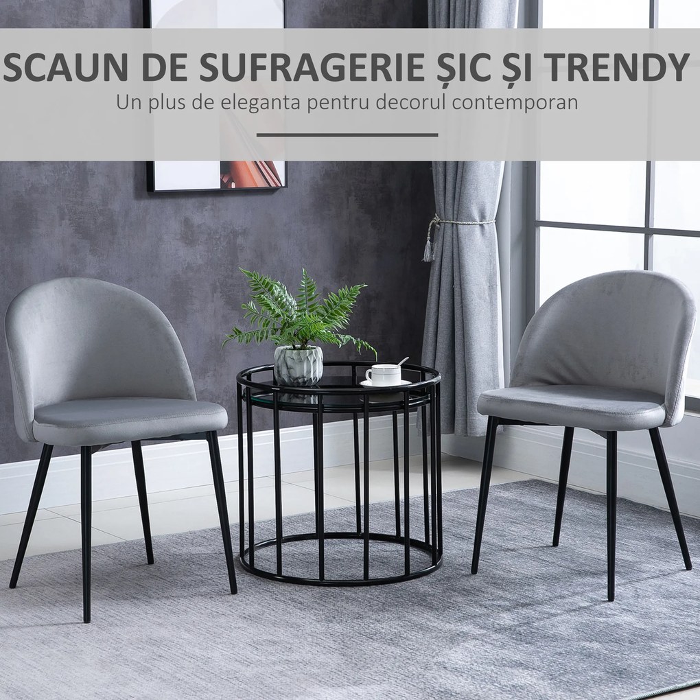 HOMCOM Set 2 Scaune Confortabile pentru Sufragerie și Bucătărie Tapitate cu Catifea Gri Design Modern 49x50x77 cm | Aosom Romania