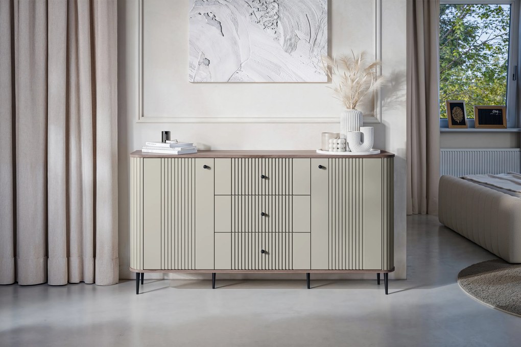 Comodă cu sertare pe picioare Vesper 160 cm - cașmir / nuc / picioare negre