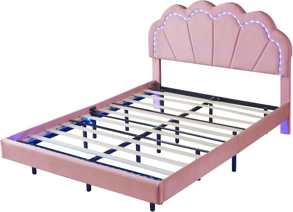 PARC7 - Pat tapitat cu LED, 140 x 200 cm - patut copii, fetite - Catifea Roz sau Crem