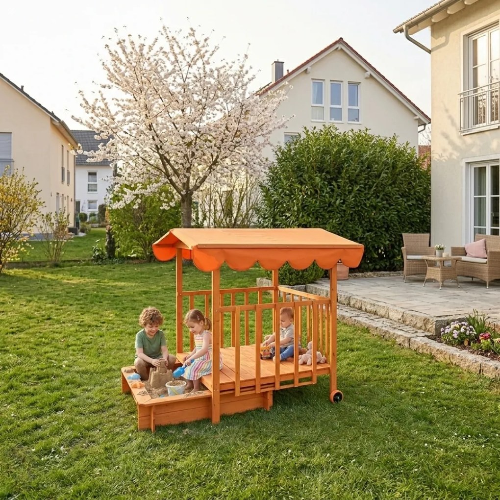 Groapa cu nisip cu verandă HAPPY, 130x130x143cm, maro/portocale Jurhan