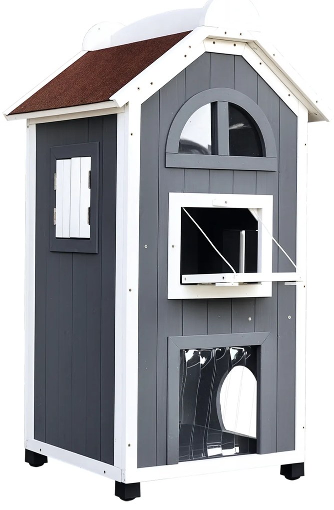 PawHut Casa pentru pisici cu pat sau litieră pentru pisici, dulap pentru pisici, toaletă pentru pisici în interior, lemn de brad, acoperiș de asfalt, Gri, 59 x 55 x 109 cm | Aosom Romania