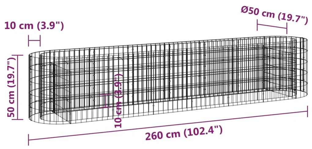 Strat inaltat gabion, 260x50x50 cm, fier galvanizat 260 x 50 x 50 cm, 1, 1