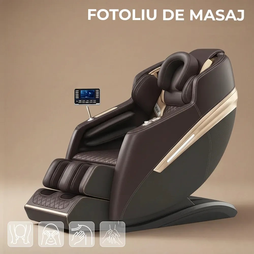 Fotoliu de masaj QUITUS, cu Incalzire, Bluetooth, Display, Ecran tactil, Zero Gravity, 2 Boxe, Moduri Automate, Suport Picioare extensibil, Piele Ecologica Premium, Maro
