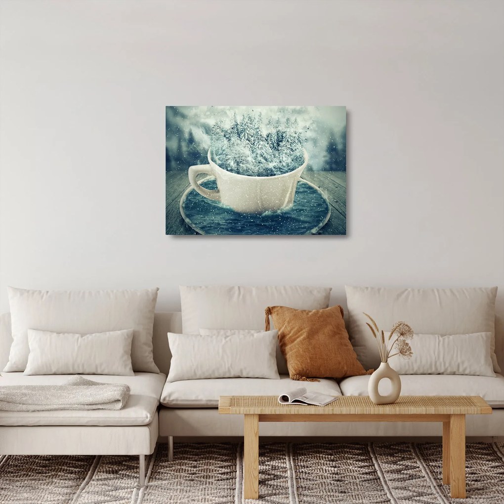 Tablou pe sticlă - Lumea de iarnă într-o căniță (70x50 cm)