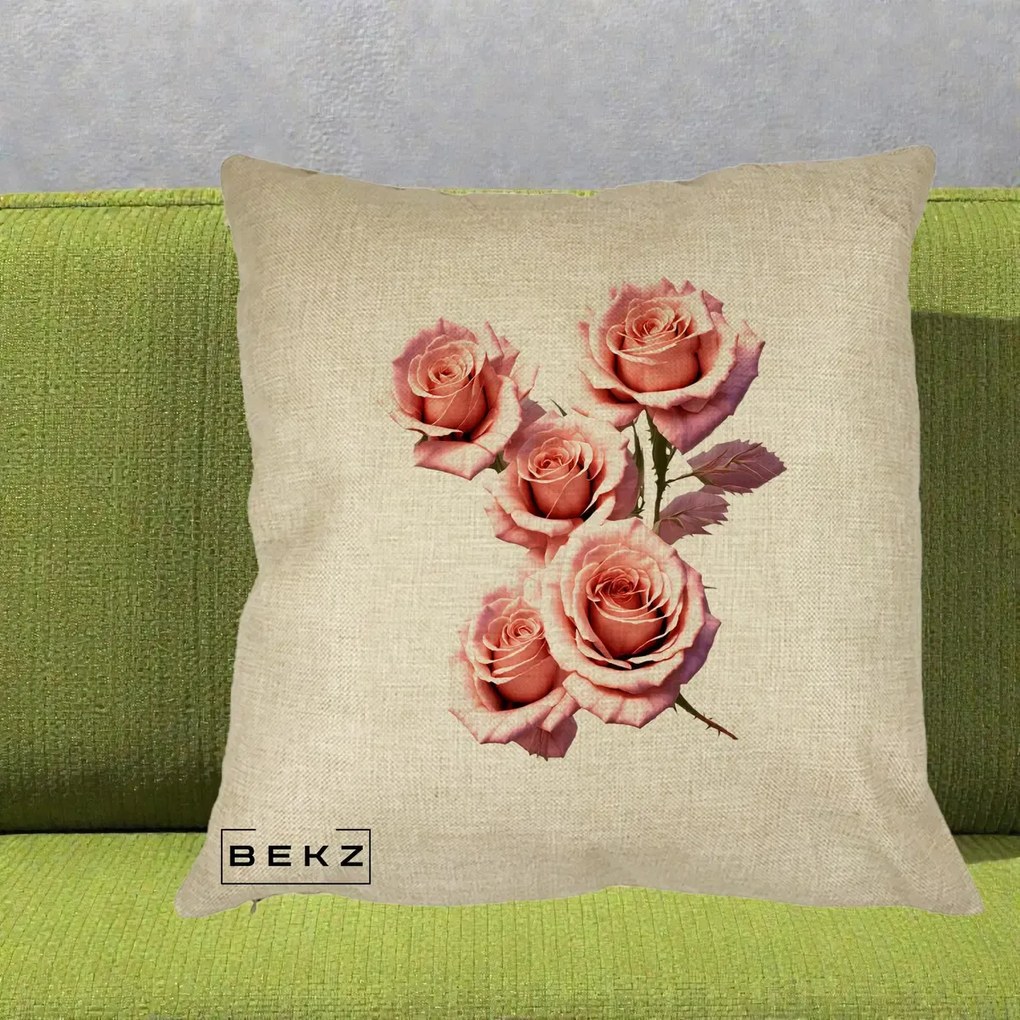 Perna Decorativa Trandafiri Roz Pastel Acuarela, 40x40 cm, Crem, Husa Detasabila, Perna Inclusa, BEKZ®