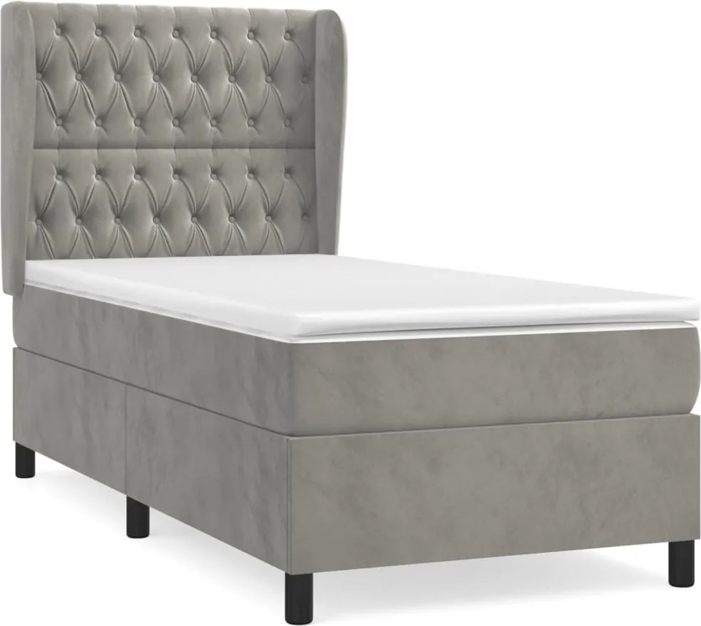 vidaXL Pat box spring cu saltea, gri deschis, 90x190 cm, catifea