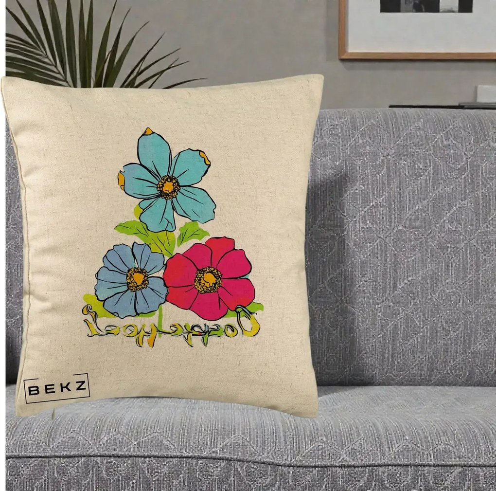 Perna Decorativa Trei Flori Grafice Pop Art, 40x40 cm, Bej, Husa Detasabila, Perna Inclusa, BEKZ®