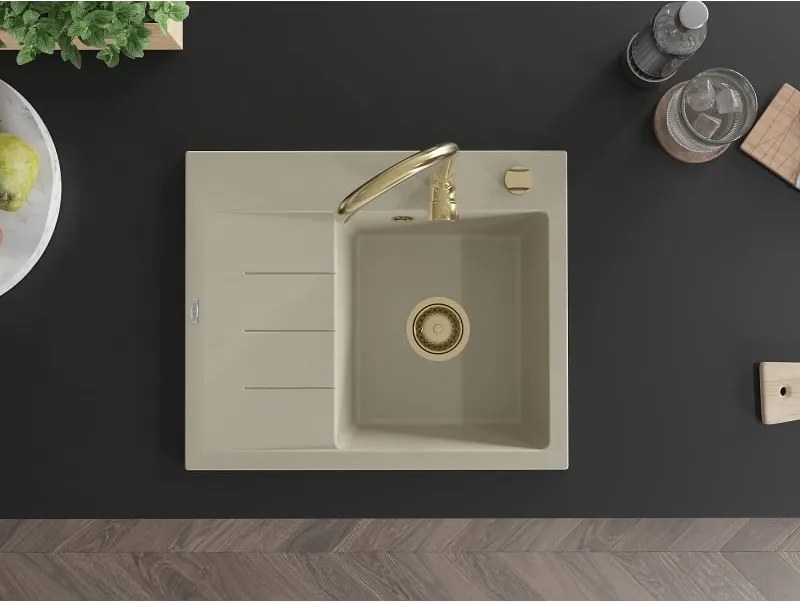 Mexen Ben chiuvetă de granit cu 1 compartiment și scurgător, dreapta 600 x 500 mm, bej, sifon auriu - 6523605000-69-G