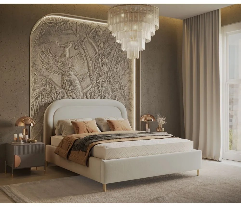 Pat matrimonial crem tapițat cu spațiu de depozitare cu somieră 160x200 cm Mija – Maison de Rêve