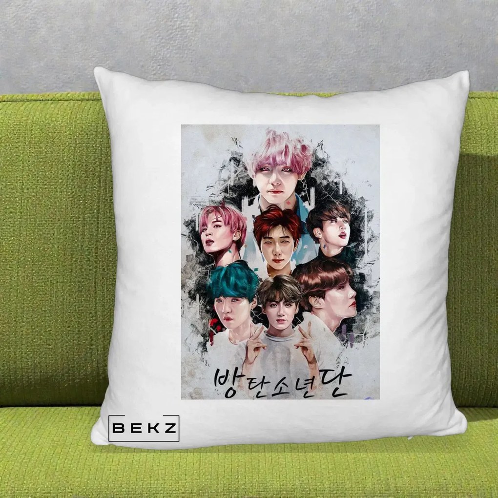 Perna Personalizata K-pop BTS Bangtan Boys Poster Artistic Negru Alb, 40x40 cm, Alb Pufos, Husa Detasabila, Perna Inclusa, BEKZ®