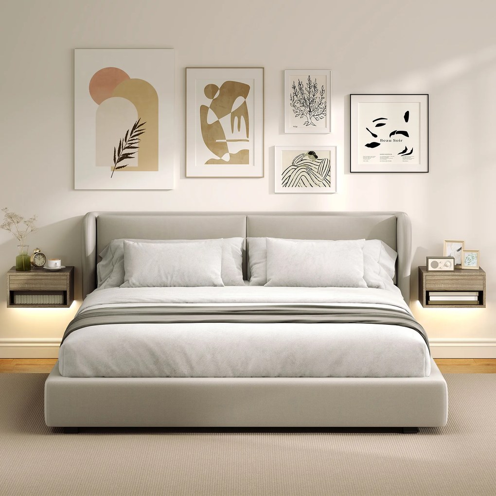 HOMCOM Set 2 Noptiere Suspendate cu LED Integrat și Reglabil prin Aplicație, Sertar și Raft, 37x32x21 cm, Nuanță de Lemn | Aosom Romania