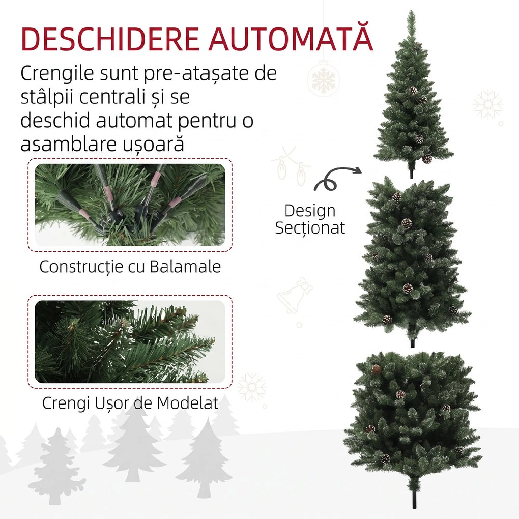 HOMCOM Brad de Crăciun Înzăpezit Înalt cu 618 Crengi, Brad Artificial de Crăciun cu Conuri și Bază, Ø70x180 cm, Verde | Aosom Romania