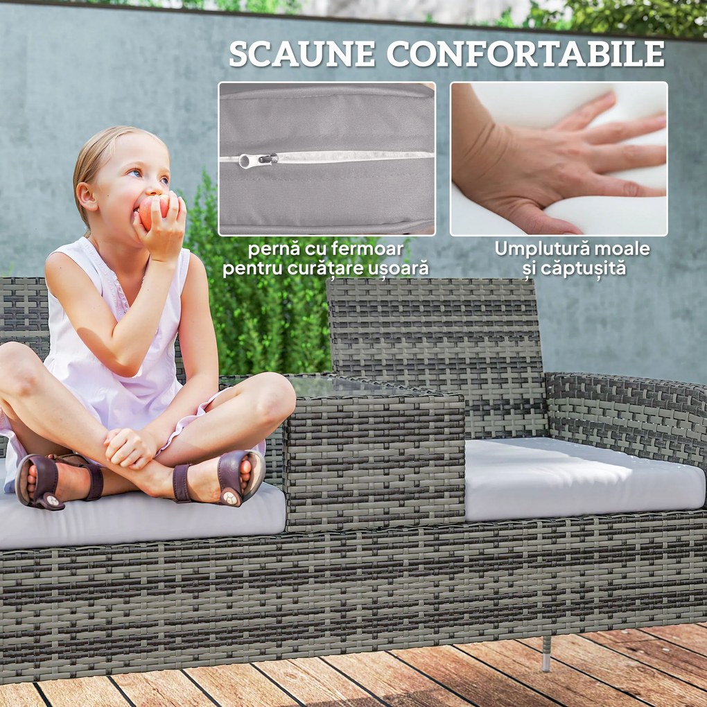 Outsunny Bancă de Grădină cu 2 Locuri din Rattan și Oțel, Bancă de Exterior cu Perne și Măsuță Centrală cu Blat din Sticlă Securizată, 135x64x81 cm, Gri Închis | Aosom Romania