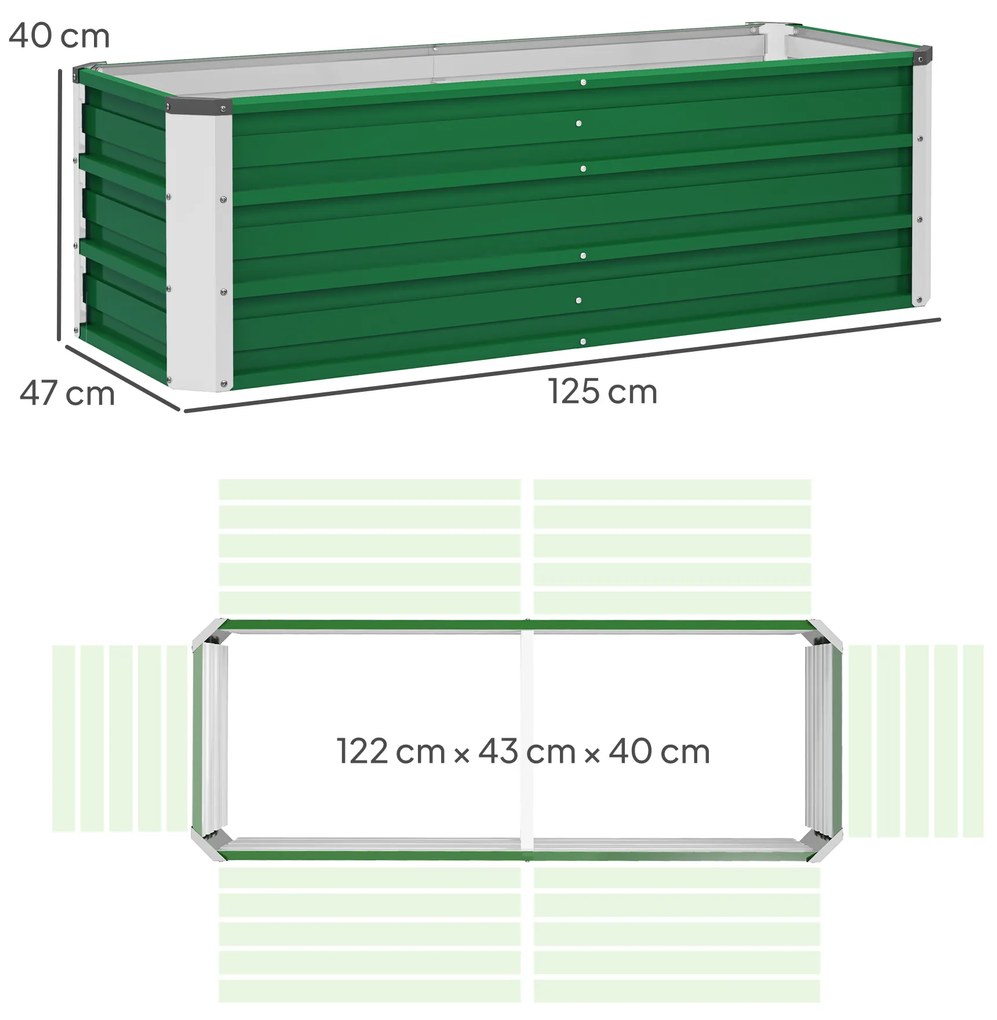 Outsunny Pat de Grădină Ridicat Fără Fund, din Oțel, cu 2 Zone de Cultivare, 125x47x40 cm, Verde | Aosom Romania