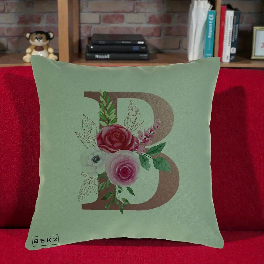 Cadou Personalizat - Perna Personalizata Monograma Rose Gold Litera B, 40x40 cm, Verde, Husa Detasabila, Perna Inclusa, BEKZ®