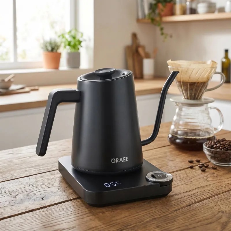 Cana electrica Graef Pour-over GK502, 1200 W, 900 ml, 40-100°C, Mentinerea caldurii, filtru, „gât de lebădă”, Negru mat