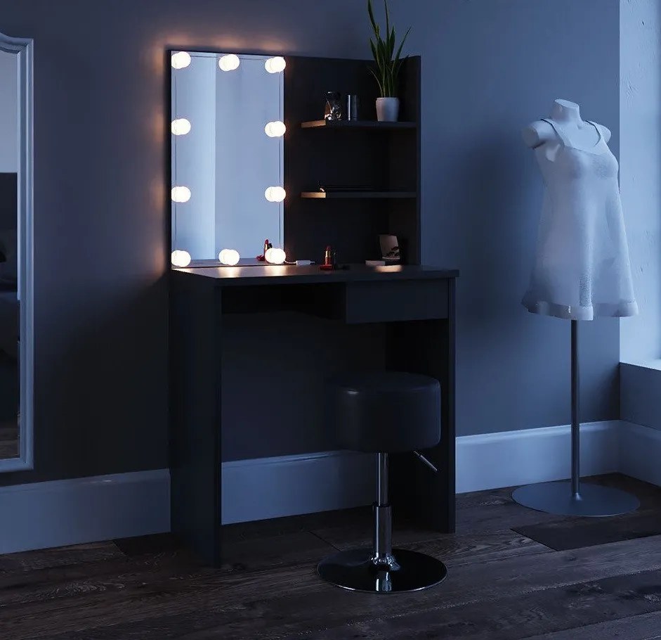 Masuta machiaj cu Oglinda LED si 1 Sertar pentru Cosmetice, Set Masa toaleta 75 cm, Negru, masuta cosmetica, vanity - SEN224