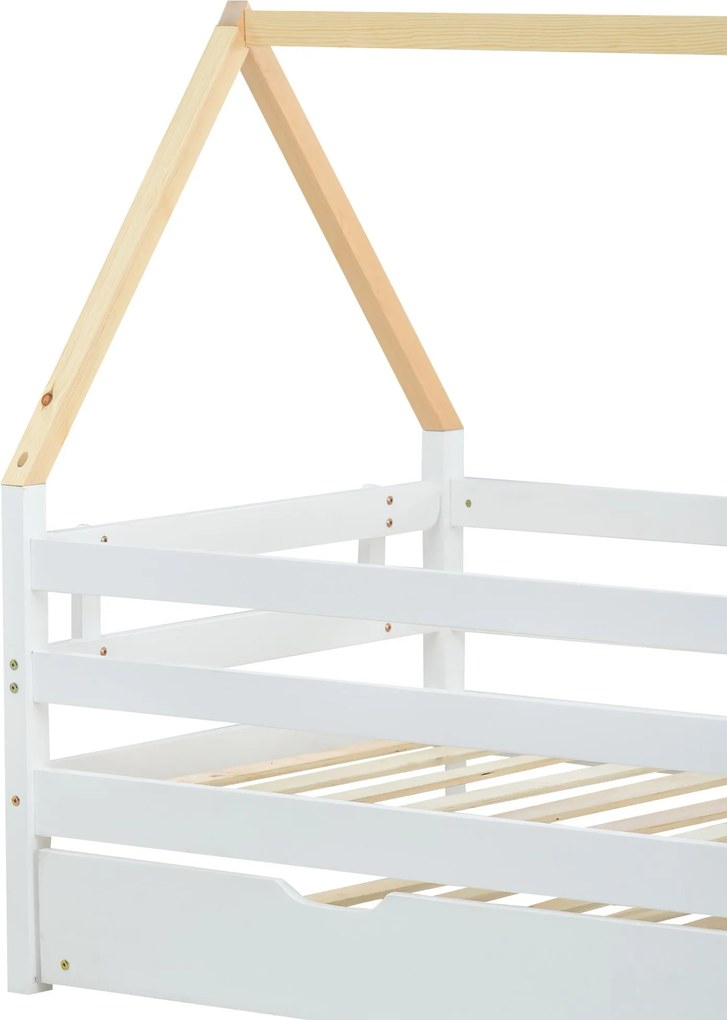Pat tip căsuță cu pat extensibil și roți, fără saltea, din lemn, 90x200 & 90x190 cm, Alb