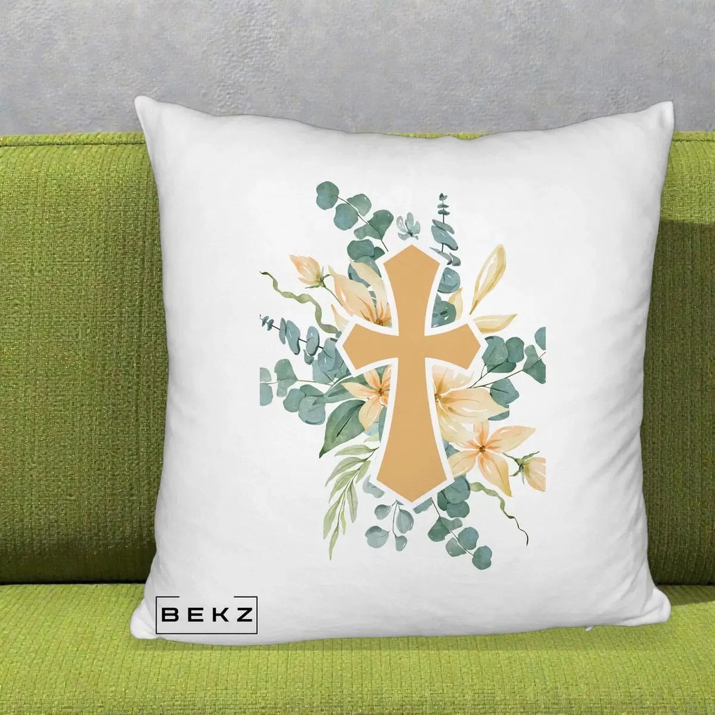 Perna Personalizata Cruce Florala Botez, 40x40 cm, Alb Pufos, Husa Detasabila, Perna Inclusa, BEKZ®