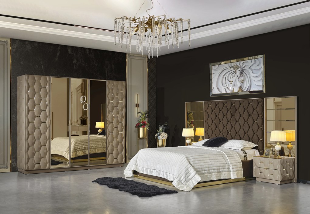 Set dormitor complet mdf 30 mm si metal - royal lav - crem/antracit cu auriu