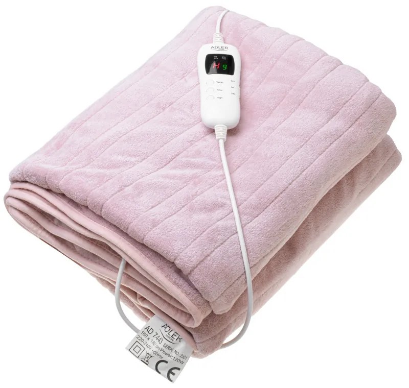 Patura electrica Adler AD 7443, 120W, 160x180 cm, Controler LCD, Protectie la supraincalzire, 7 setari, Timer, Roz