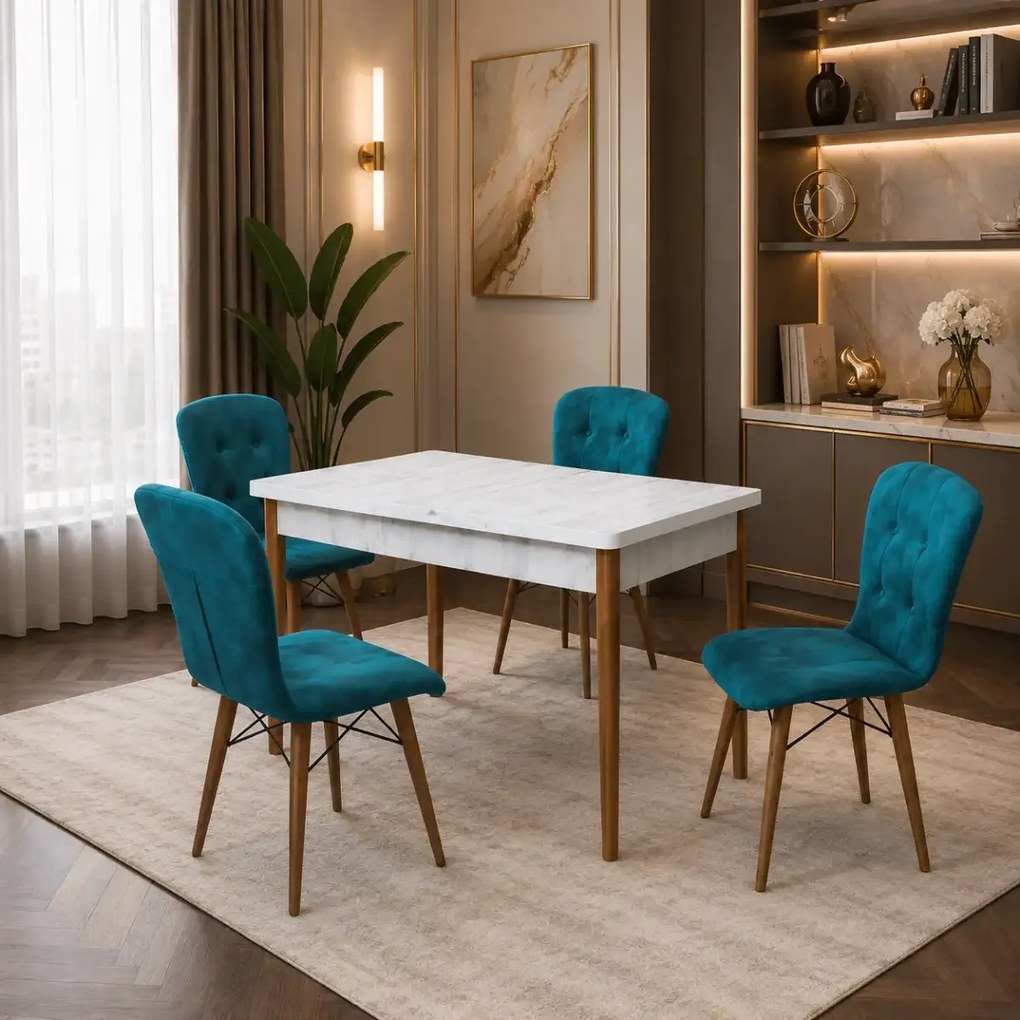 Set masa alba extensibila cu 4 scaune tapitate cobalt blue Homs picioare lemn 110 x 70 cm