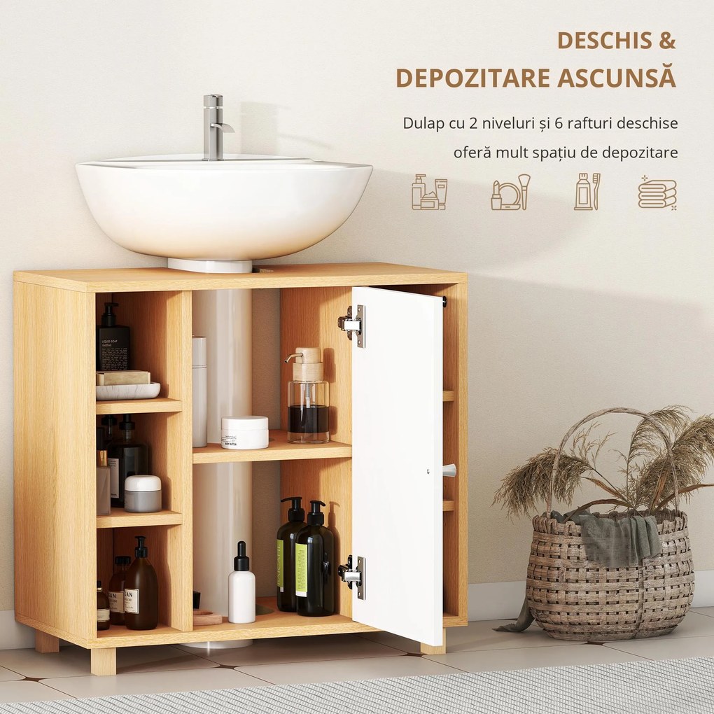HOMCOM Dulap Sub Chiuvetă cu 2 Uși cu Închidere Lentă și 6 Rafturi Lemn natural | Aosom Romania