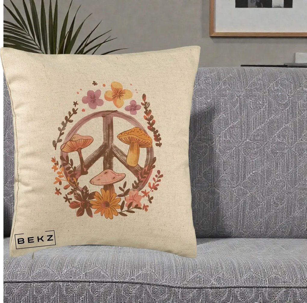 Perna Decorativa Peace Sign Ciuperci Floral, 40x40 cm, Bej, Husa Detasabila, Perna Inclusa, BEKZ®