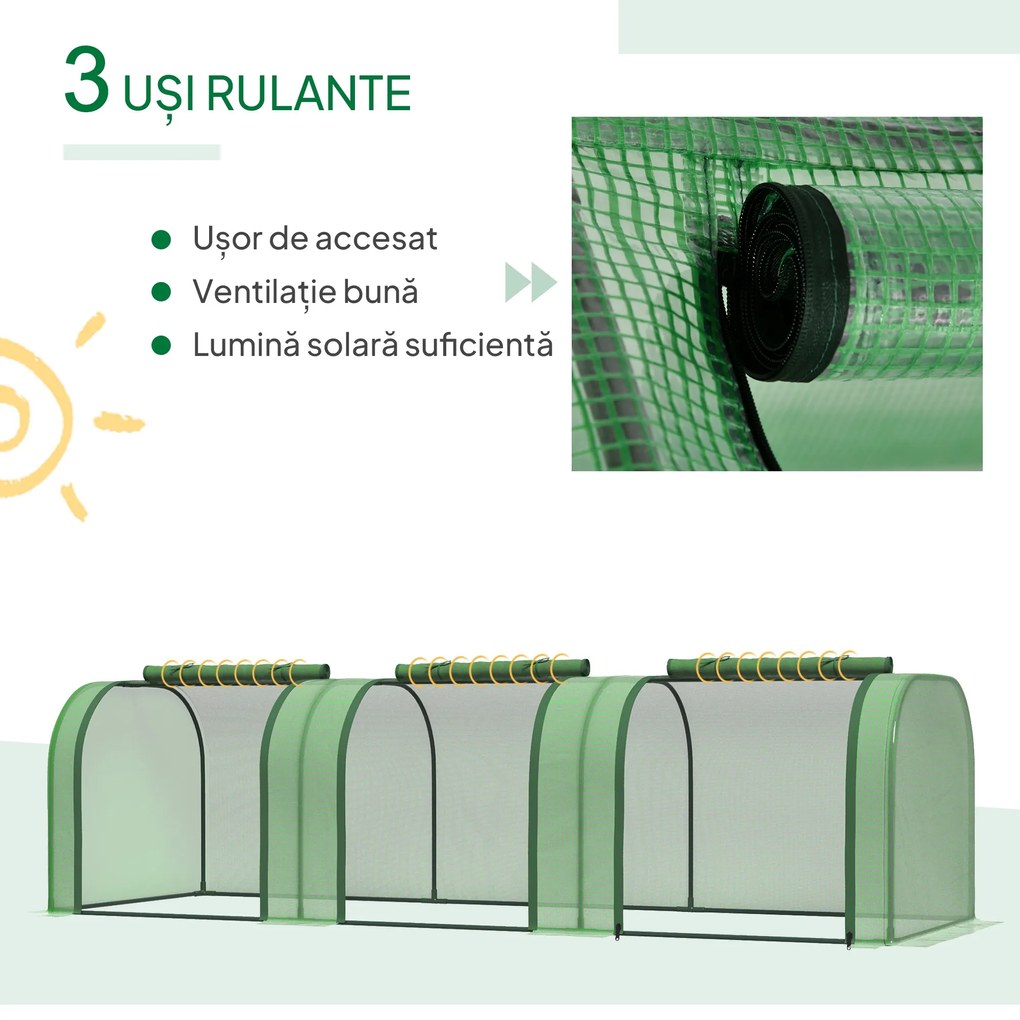 Outsunny Seră de Grădină Tip Tunel din Oțel și Plastic PP, cu Uși Rulabile, 295x100x80 cm, Verde | Aosom Romania