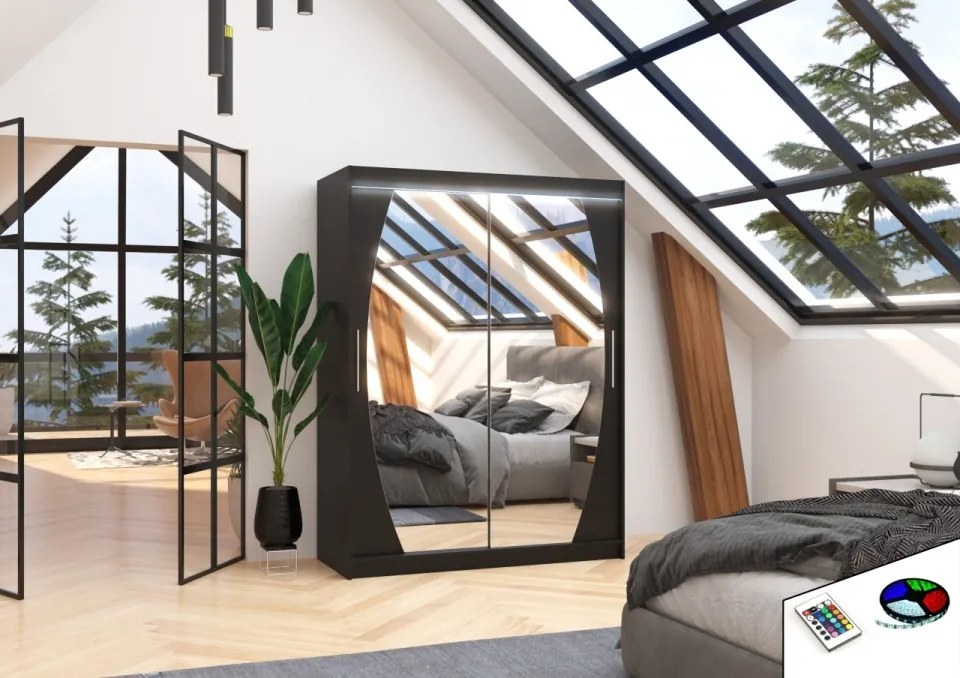 Dulap cu usi glisante si oglinda + iluminare LED, Alen 150 + LED, 150 cmx200 cmx58 cm, ADRK Furniture (Culoare: Sonoma)