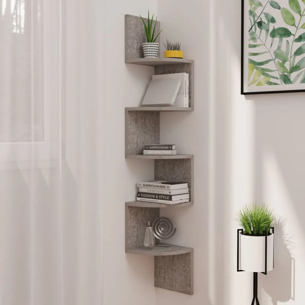 vidaXL Raft de perete de colț, gri beton, 19x19x123 cm, lemn prelucrat