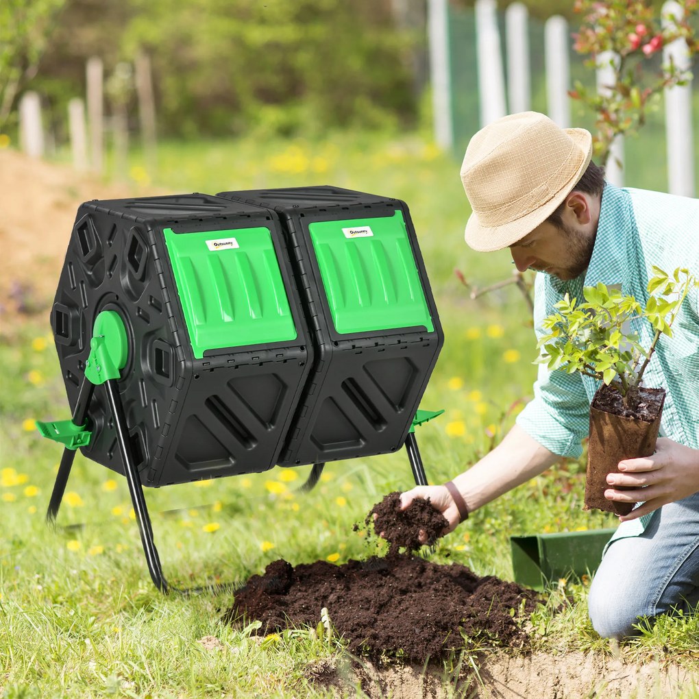 Outsunny Compostor de grădină bac pentru compost resturi rotativ 360° dublă cameră 130 L oțel PP 67 x 60 x 77 cm negru | Aosom Romania