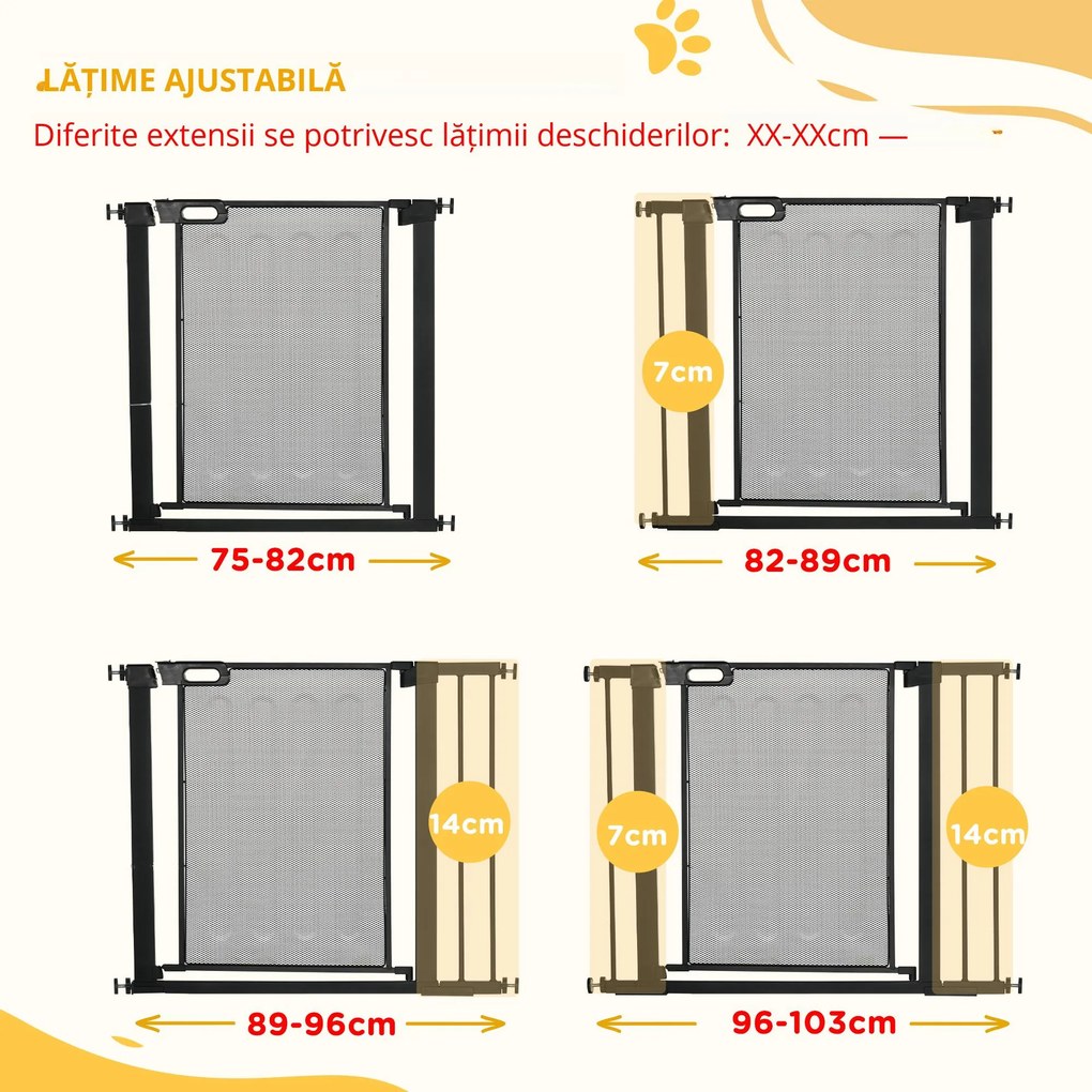 PawHut Poartă de Sigurantă pentru Uși și Scări, Poartă pentru Animale cu Închidere Automată, 76x75-103 cm, Negru | Aosom Romania