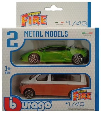 Set 2 Machete Masini Bburago 1:43 Street Fire Lamborghini Huracan Coupe Verde-Volkswagen T6.1 Transporter Alb Portocaliu, BB30002-30290-30434