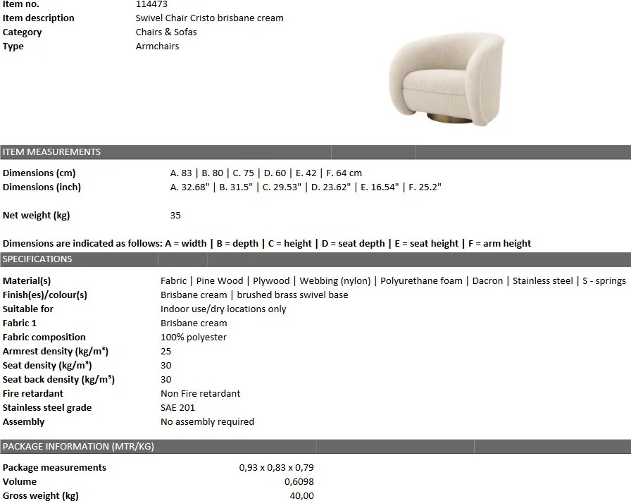 Fotoliu pivotant design LUX Cristo brisbane crem 114473 HZ