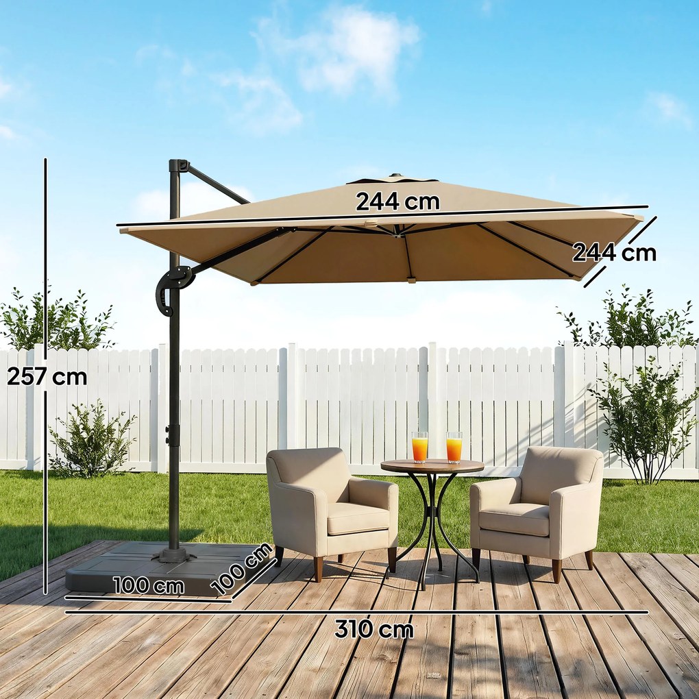 Outsunny Parasol cu braț lateral pătrat parasol de grădină exterior bază și plăci de umplere stâlp aluminiu protecție UV50+2,4x2,4m kaki | Aosom Romania