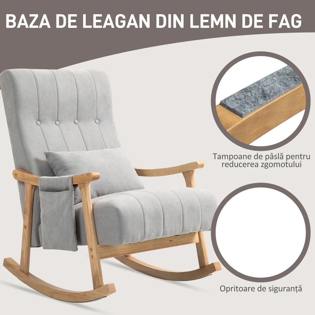 HOMCOM Fotoliu cu balansoar cu pernă lombară, șezut larg, ramă din lemn, până la 120 kg, Gri | Aosom Romania