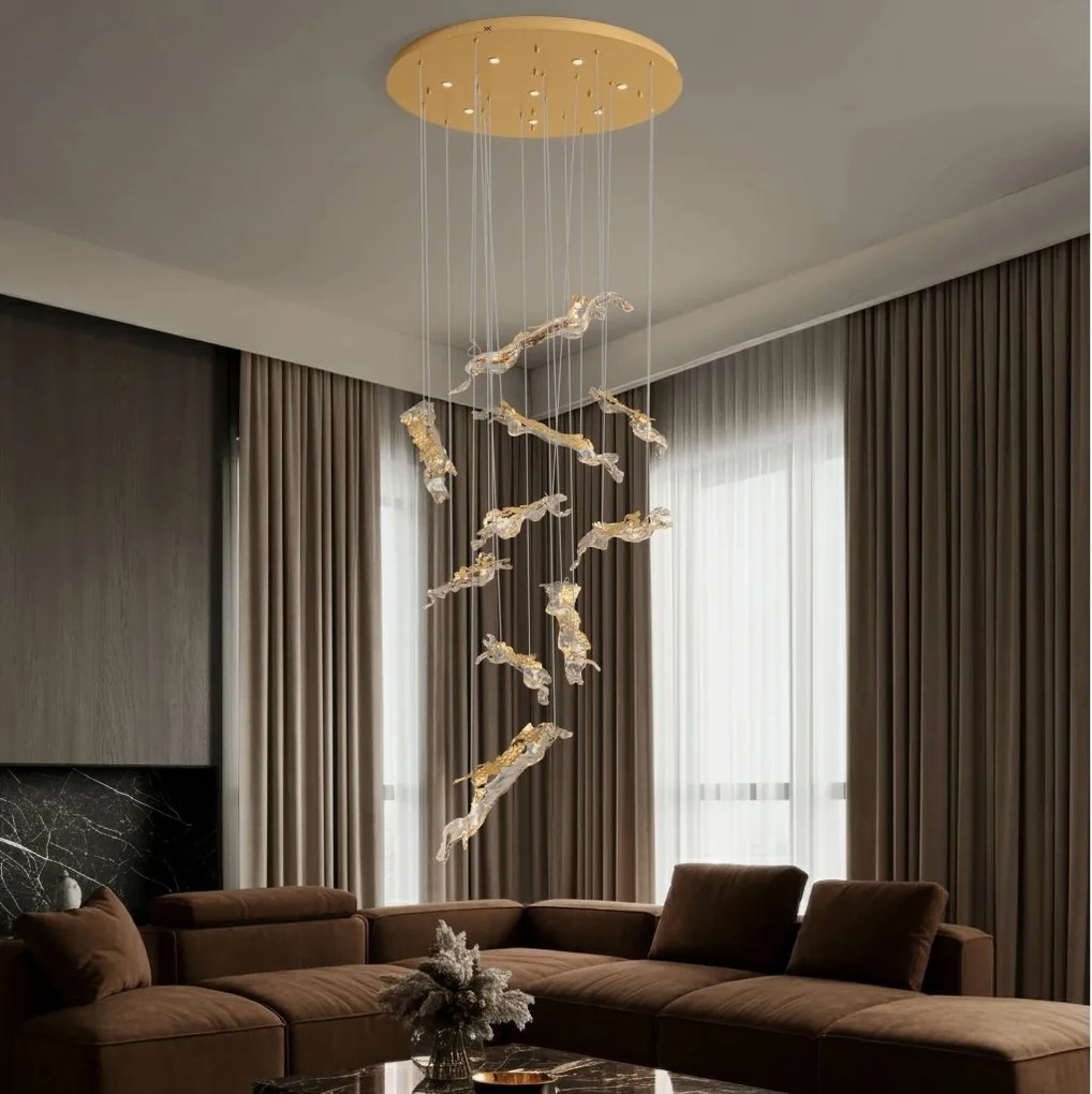 Lustra casa scarii LED otel auriu si sticla transparenta AVESA